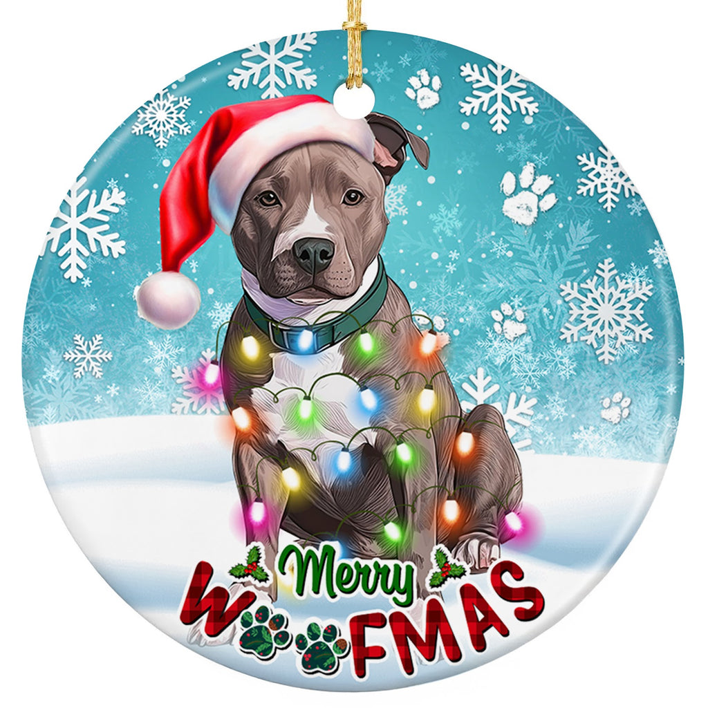 Blue-Nose Pit Bull in a Santa Hat With Bulb Lights. Ceramic Keepsake for Pit Bull Owners and Rescue Advocates.
