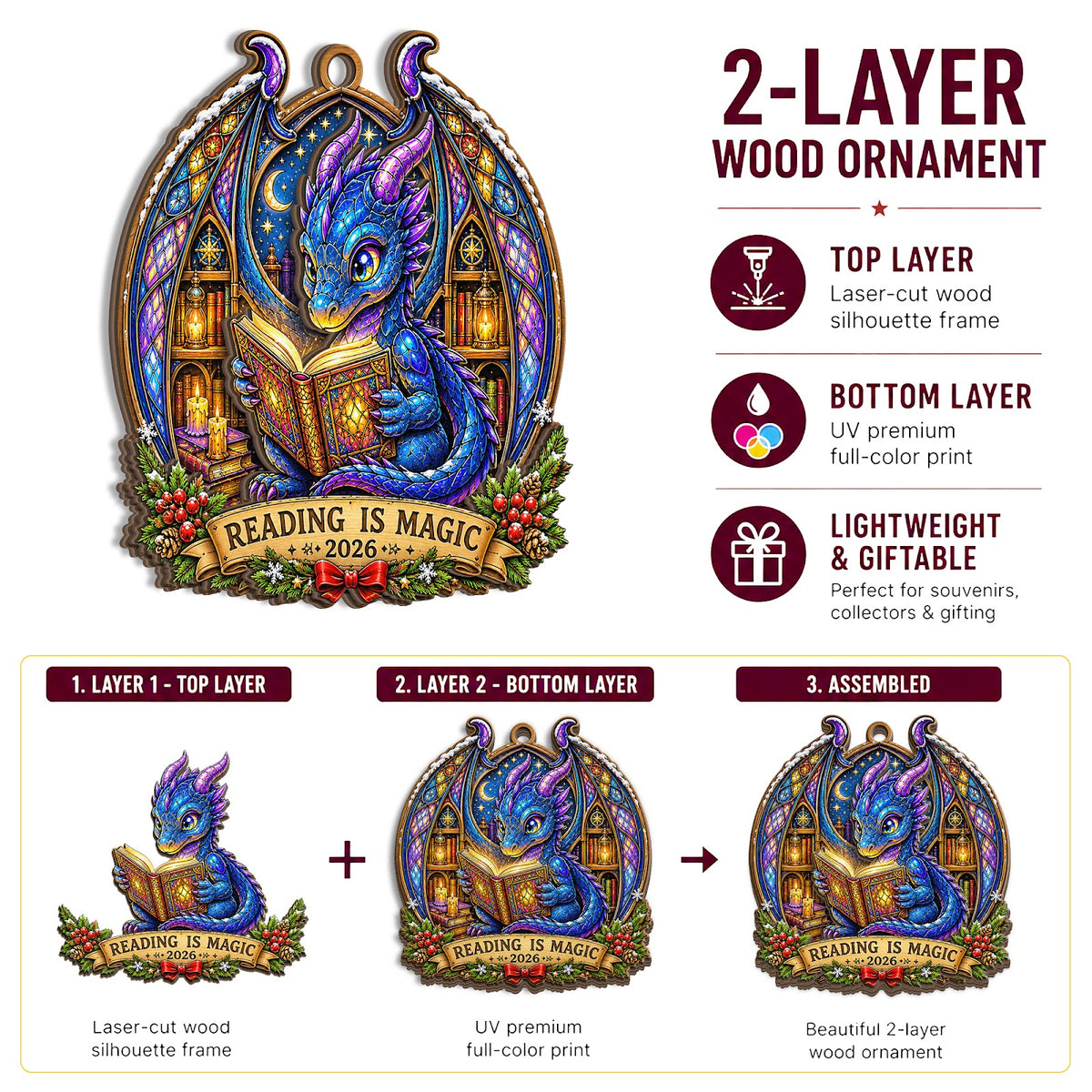 Dragon Book Fantasy Magic Christmas Ornament, Stocking Stuffer For Dragon Fan, Wood Ornament