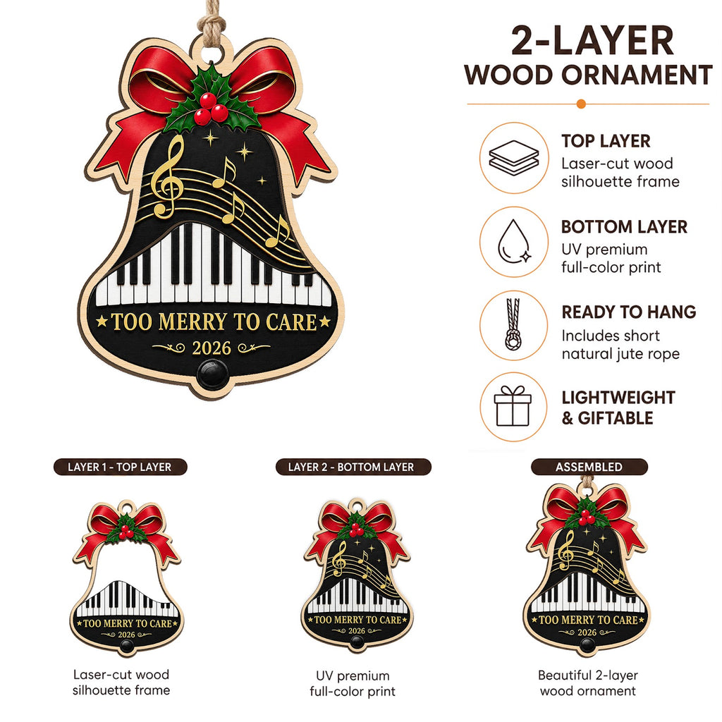 Bell Piano Christmas Ornament, Stocking Stuffer For Pianist, Wood Hanging Tree Decoration