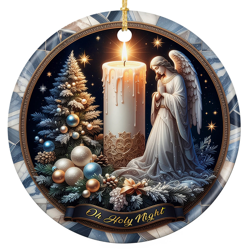 Kneeling Angel in a White and Blue Robe Praying Beside a Tall Candle. Ceramic Keepsake for Faith Decor.