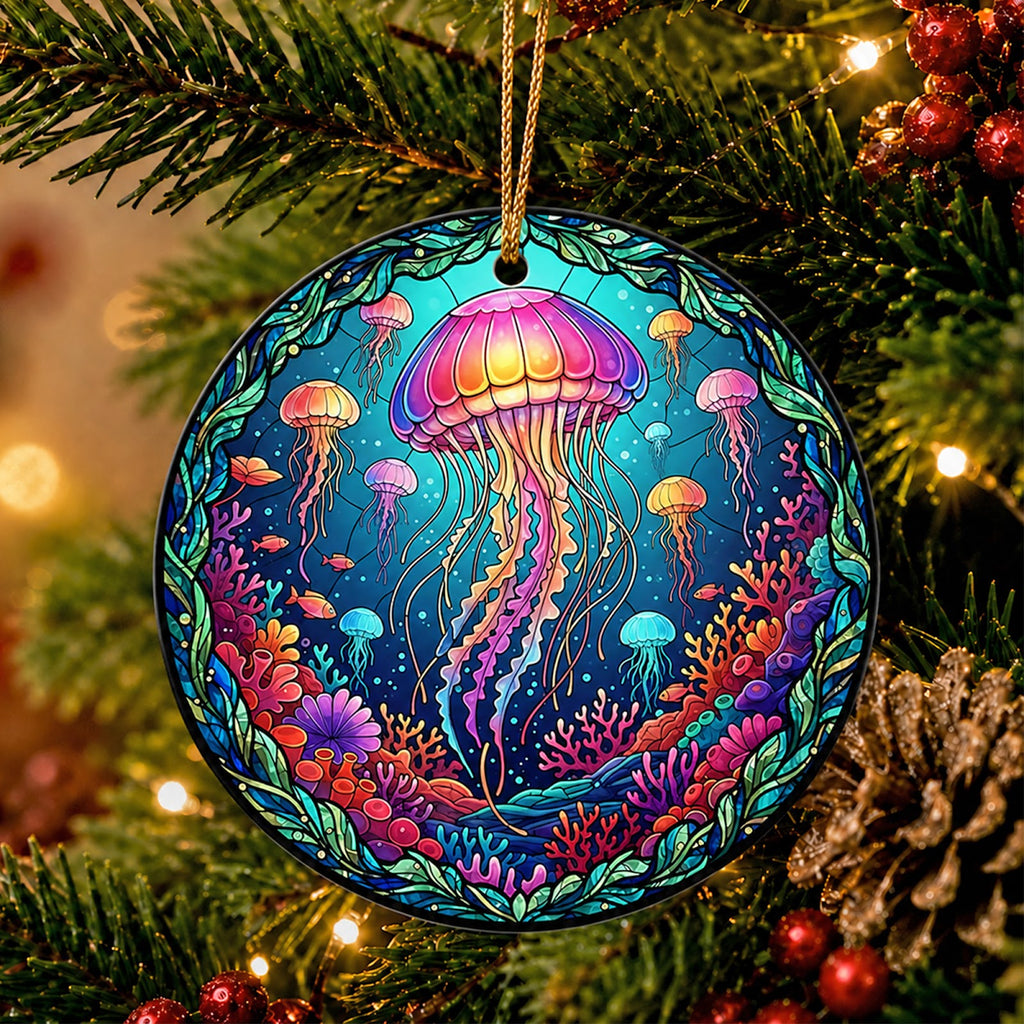 Jellyfish Christmas Ornament, Stained Glass Ocean Sea Gift, Ceramic Hanging Tree Decoration