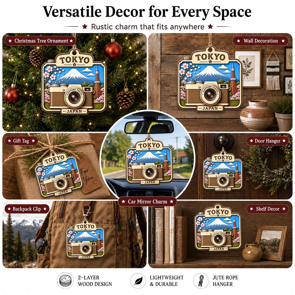Tokyo Camera Christmas Ornament, Japan Skyline Photographer Travel Gift, Wood Tree Decoration