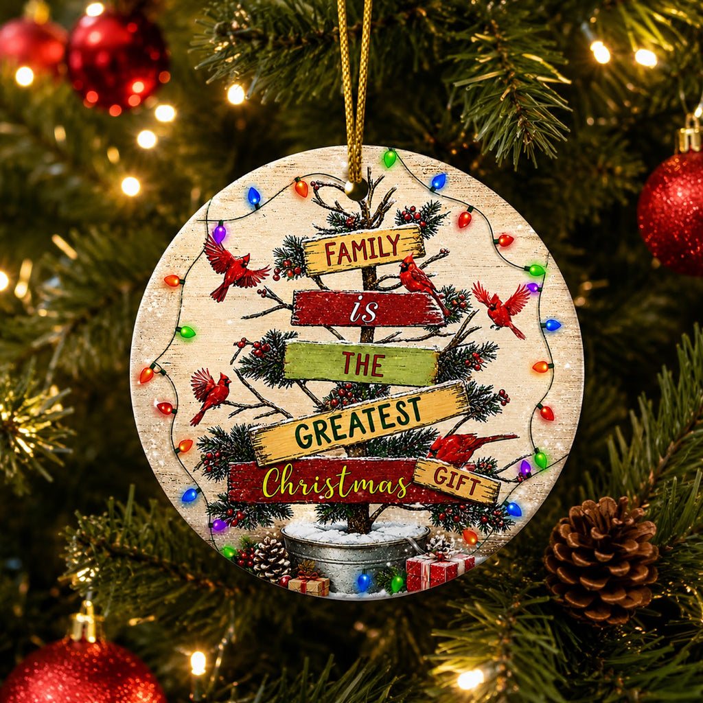 Family Christmas Ornament, Cardinal Greatest Gift Keepsake, Ceramic Hanging Tree Decoration