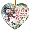 Live by Faith, Grow in Grace, Walk in Love. Heart-Shaped Ceramic Keepsake With a Snowman and Winter Birds.