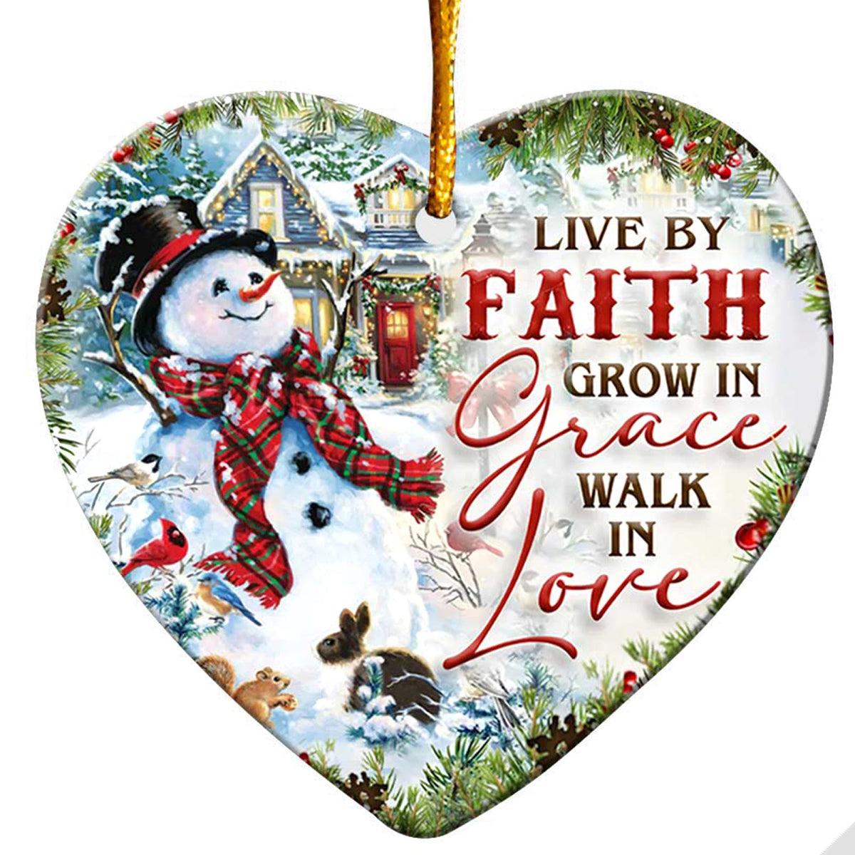 Live by Faith, Grow in Grace, Walk in Love. Heart-Shaped Ceramic Keepsake With a Snowman and Winter Birds.