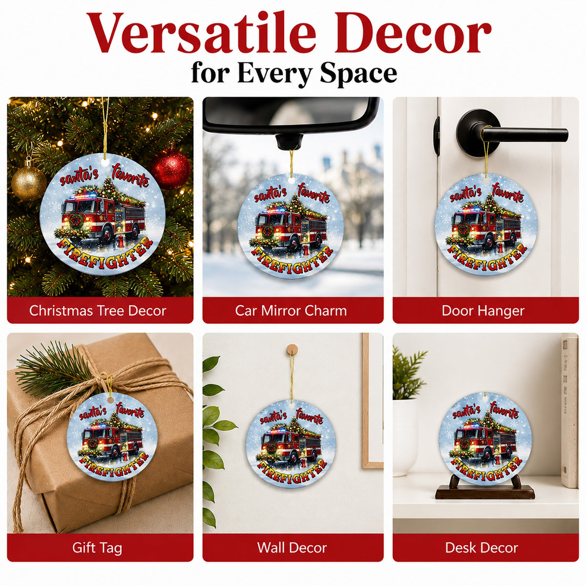 Firefighter Christmas Ornament, Fire Truck Appreciation Gift, Ceramic Hanging Tree Decoration