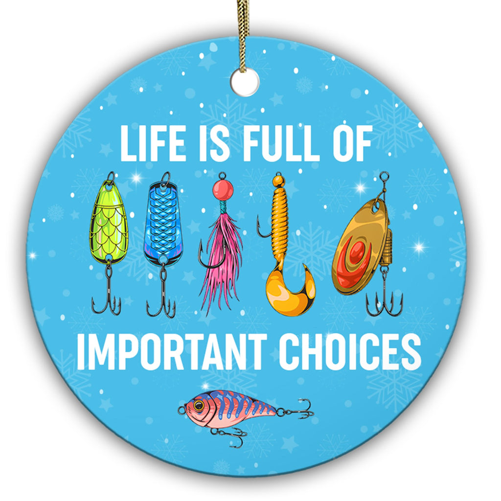Life Is Full of Important Choices. Five Fishing Lures on a Ceramic Keepsake for Anglers and Fishing Dads.