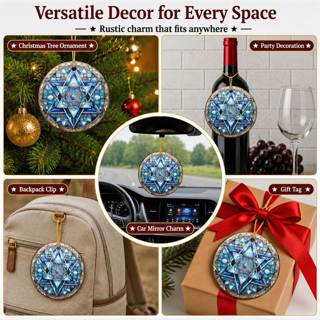 Hanukkah Christmas Ornament, Stained Glass Star Mandala Gift Idea, Ceramic Tree Decoration