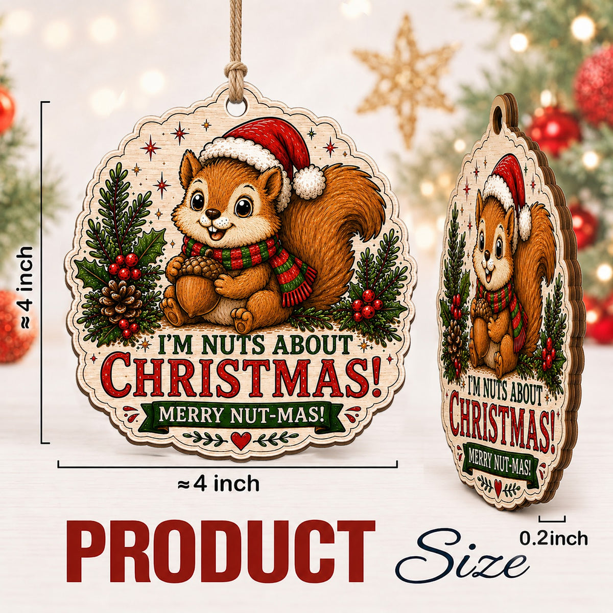 Squirrel Christmas Ornament, Stocking Stuffer For Funny Animal Fan, Wood Tree Decoration