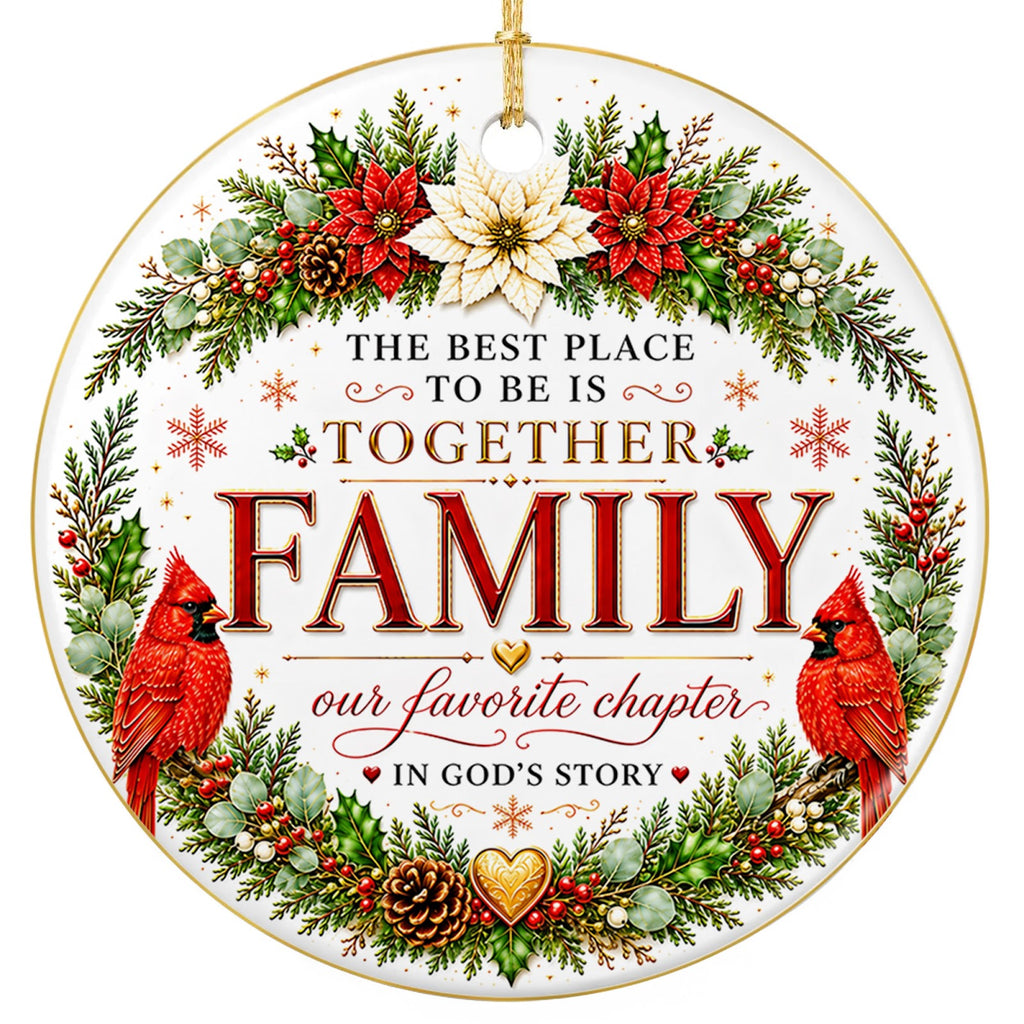 A full wreath of red and cream poinsettias, holly. Glazed ceramic keepsake for Christian families, parents and grandpare