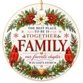 A full wreath of red and cream poinsettias, holly. Glazed ceramic keepsake for Christian families, parents and grandpare
