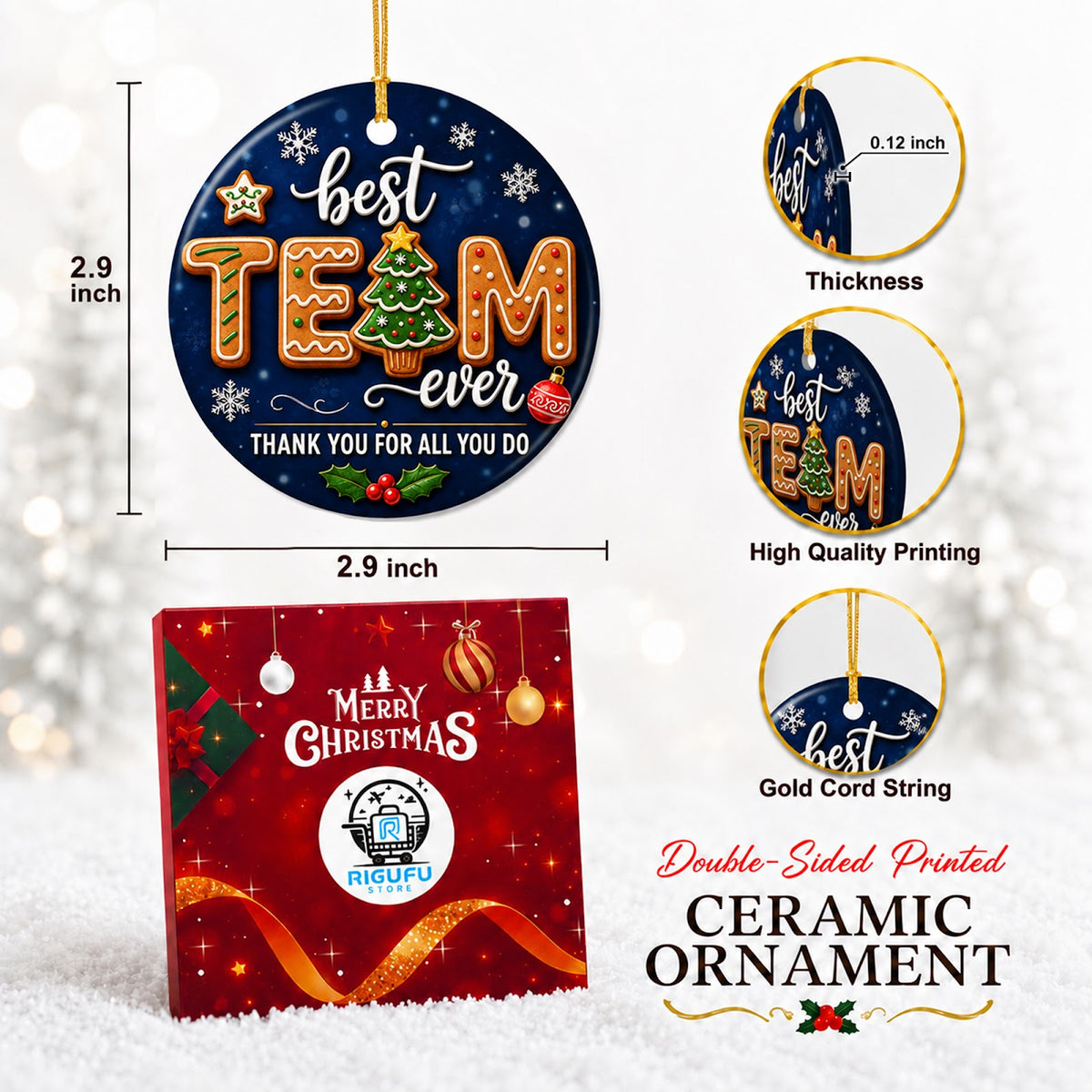 Gingerbread Best Team Ever Christmas Ornament, Office Thank You Gift, Ceramic Tree Decoration