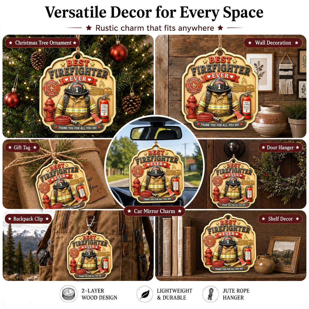 Firefighter Wood Christmas Ornament