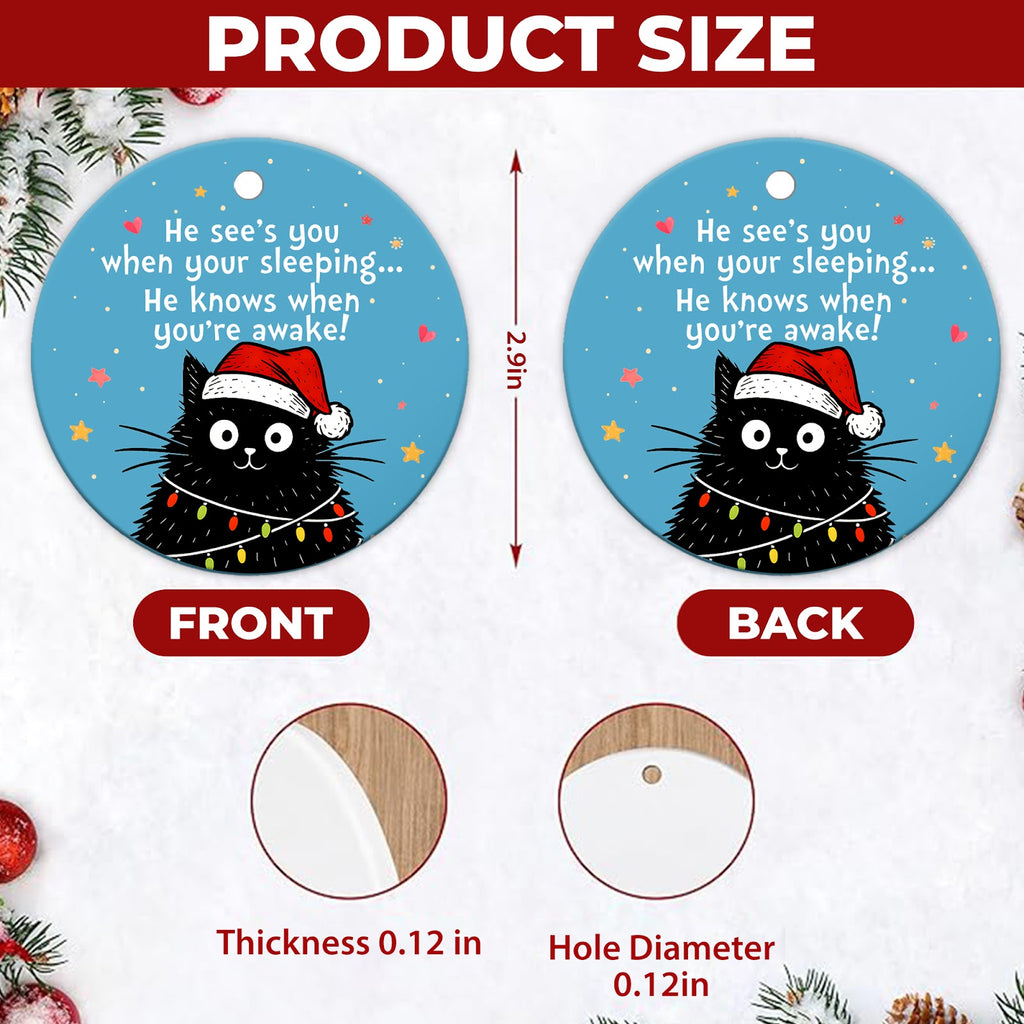 Black Cat Christmas Ornament, Funny Santa Hat Cat Gift, Ceramic Hanging Tree Decoration