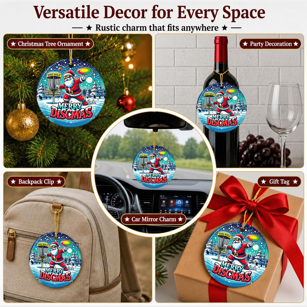 Disc Golf Christmas Ornament, Merry Discmas Santa Basket Gift, Ceramic Hanging Tree Decoration