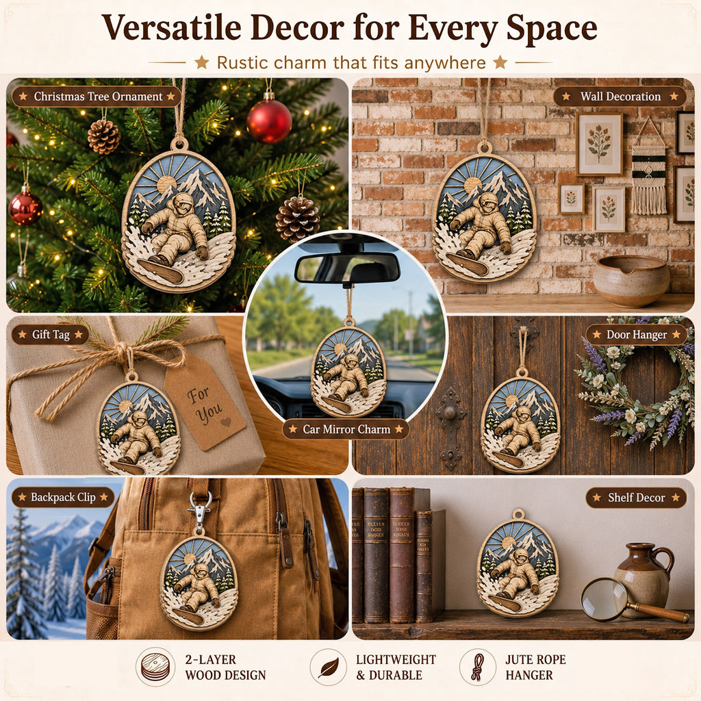 Snowboarder Mountain Wood Christmas Ornament