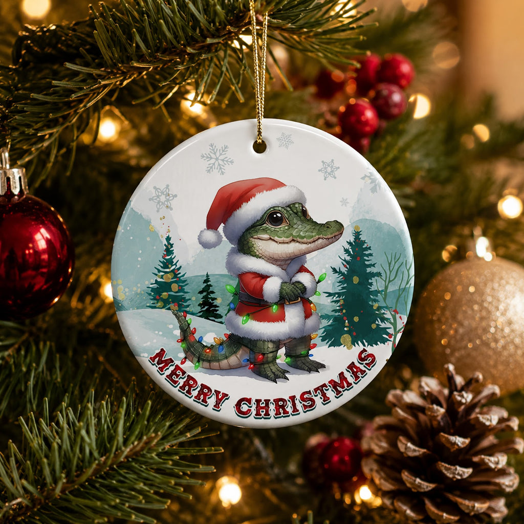 Alligator Christmas Ornament, Southern Santa Suit Gift, Ceramic Hanging Tree Decoration
