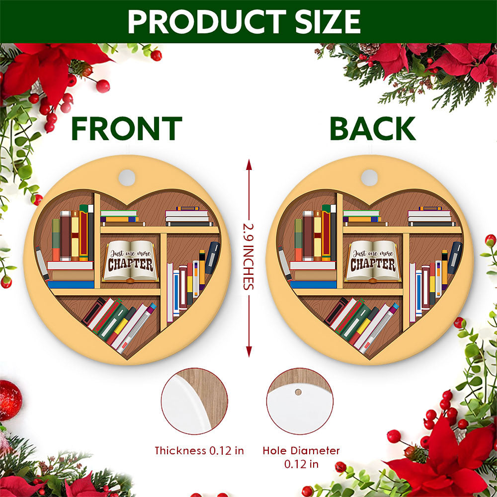 Book Lover Christmas Ornament, Heart Bookshelf Reader, Ceramic Hanging Tree Decoration