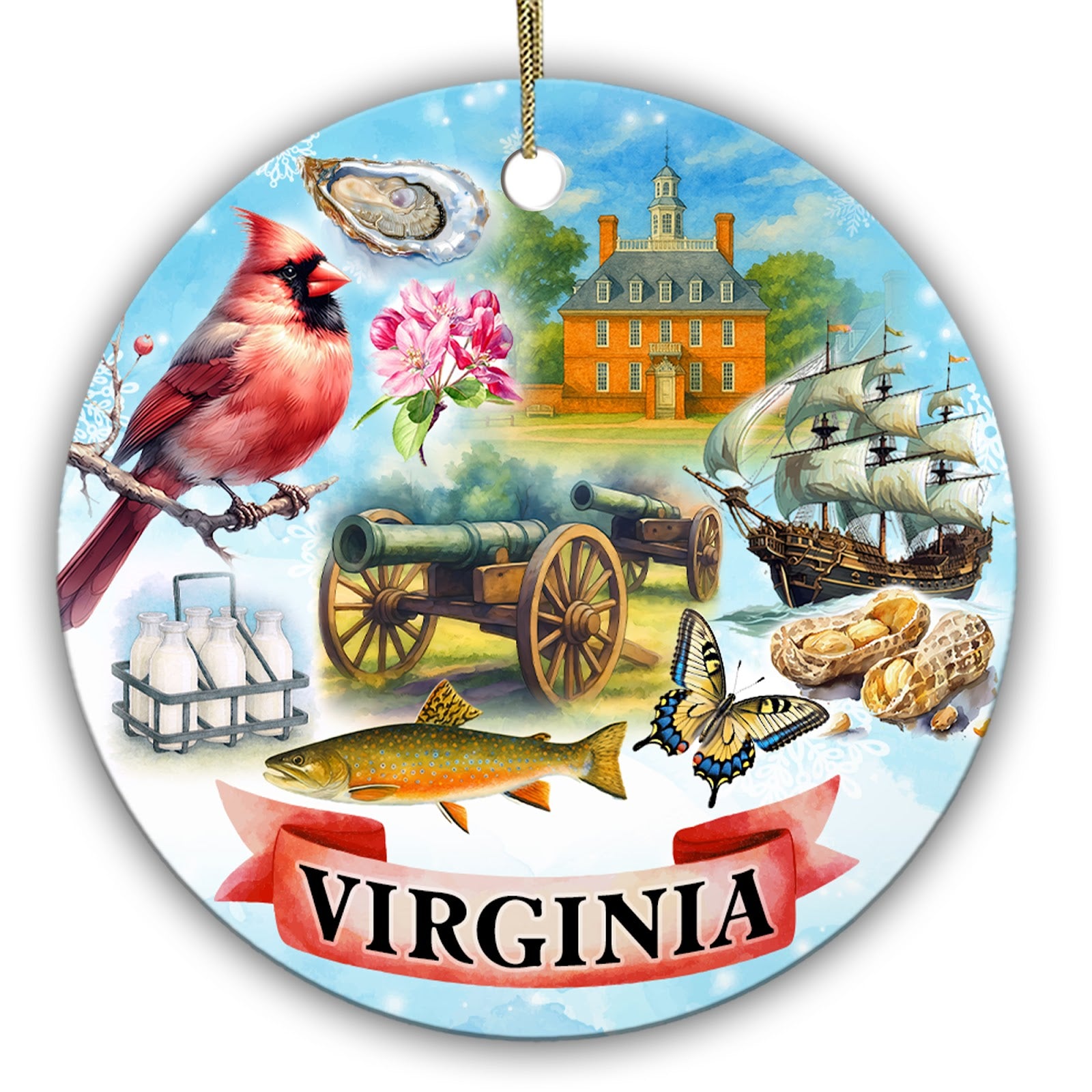Cardinal, Oyster, Tall Ship and a Red Brick Colonial Landmark in Watercolor. Ceramic Keepsake for Virginia.