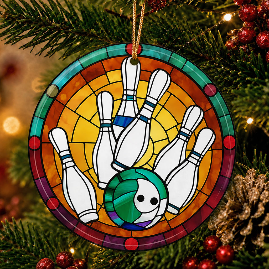 Bowling Christmas Ornament, Stained Glass League Team Gift, Ceramic Hanging Tree Decoration