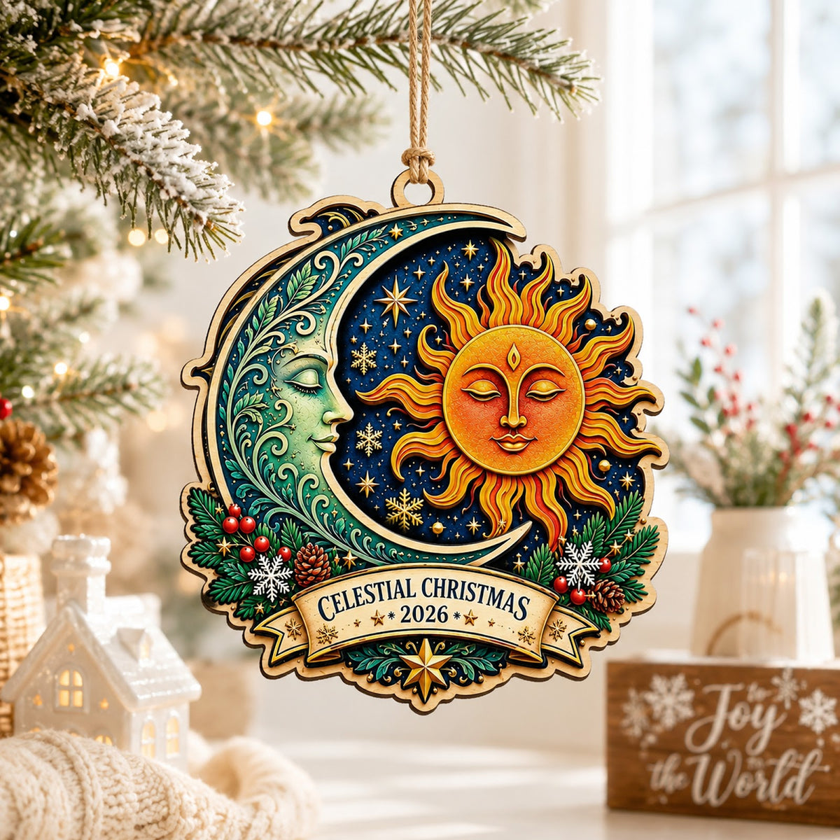 Sun And Moon Celestial Mystical Christmas Ornament, Celestial Balance Keepsake, Wood Ornament
