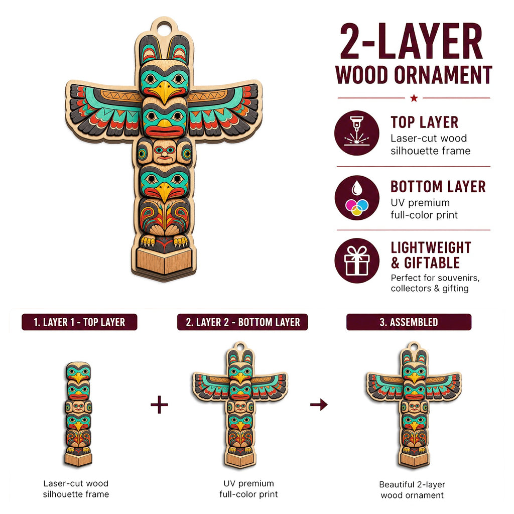 Whimsical Totem Pole Native Art Christmas Ornament, Pacific Northwest Keepsake, Wood Ornament