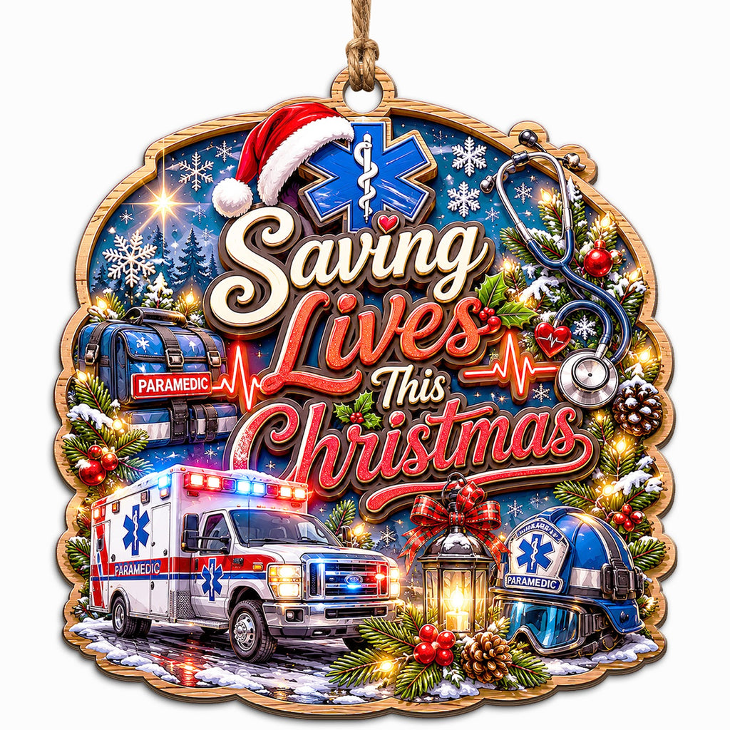 Shows a Star of Life Symbol, Stethoscope, and Ambulance with a Santa Hat. Gift for Paramedics and First Responders.