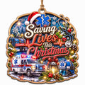 Shows a Star of Life Symbol, Stethoscope, and Ambulance with a Santa Hat. Gift for Paramedics and First Responders.