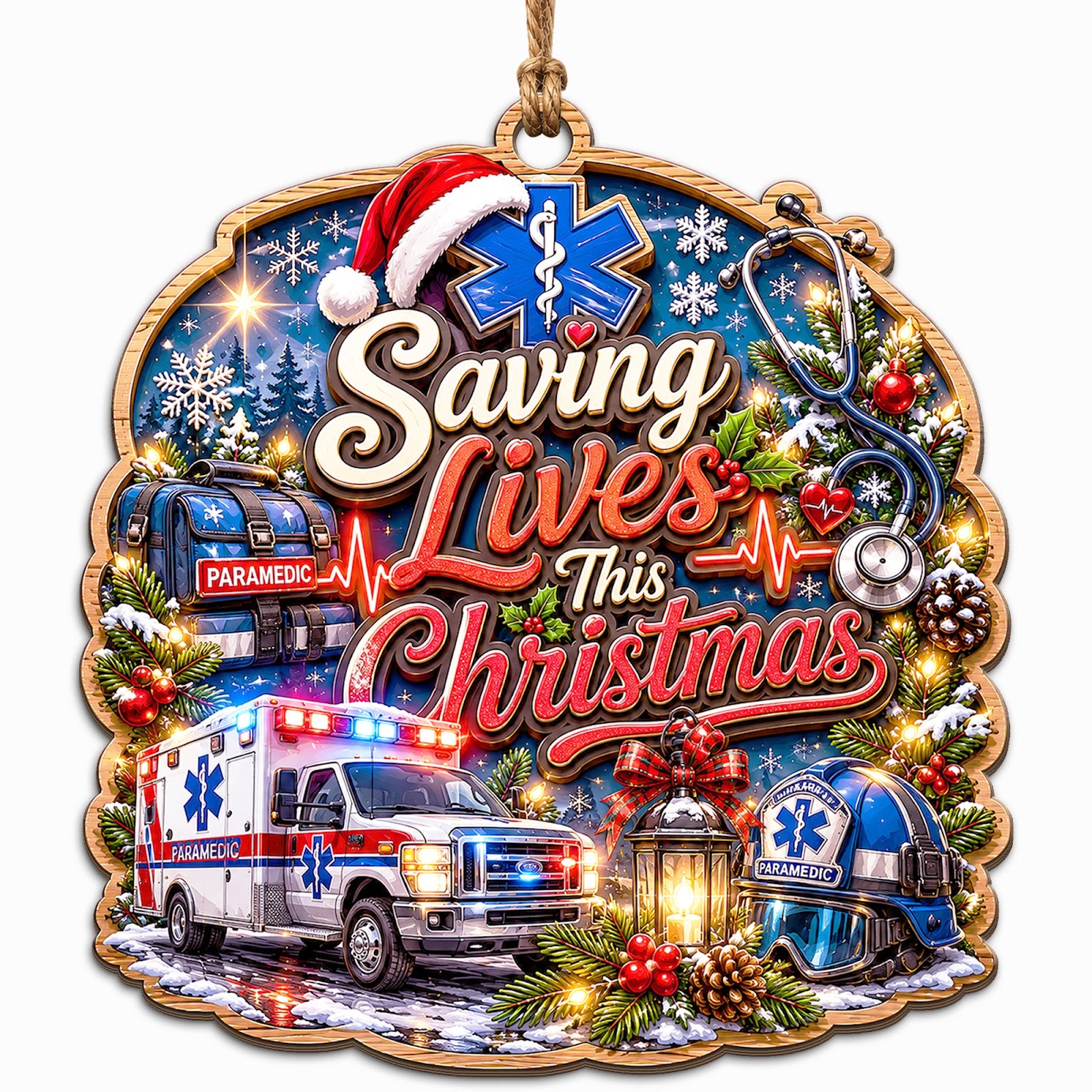 Shows a Star of Life Symbol, Stethoscope, and Ambulance with a Santa Hat. Gift for Paramedics and First Responders.
