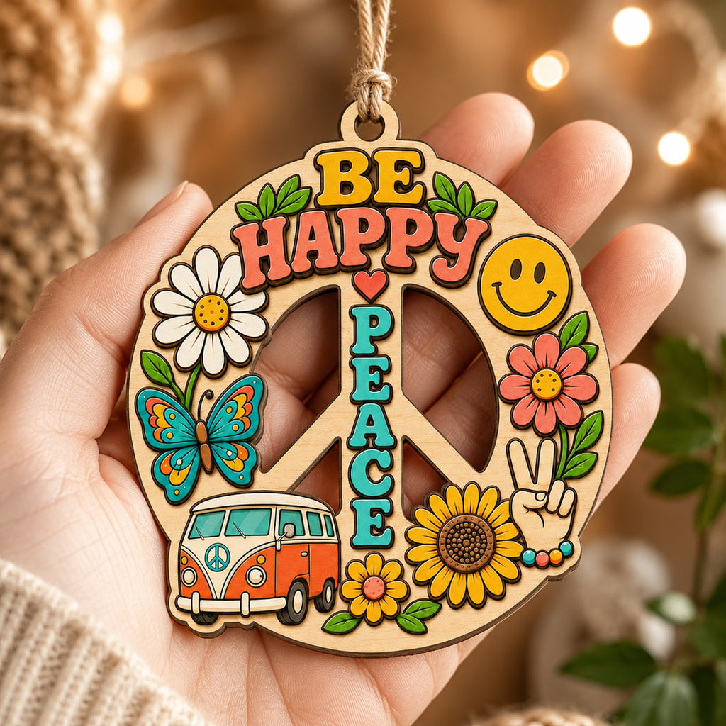 Hippie Peace Love Boho Retro Christmas Ornament, Boho Peace Keepsake, Wood Tree Decoration