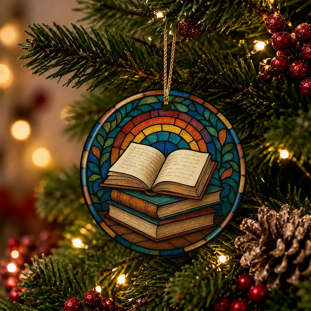 Book Christmas Ornament, Stained Glass Reader Librarian Gift, Ceramic Hanging Tree Decoration