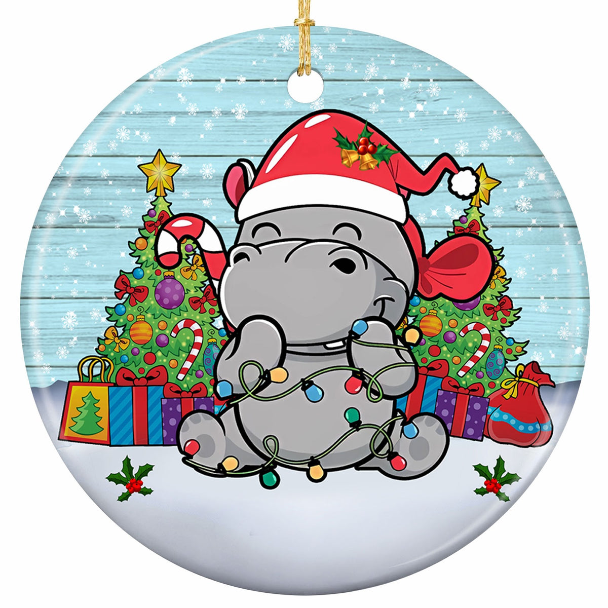 Chubby Hippo in an Oversized Santa Hat Tangled in Lights. Ceramic Keepsake for Kids and Hippo Collectors.