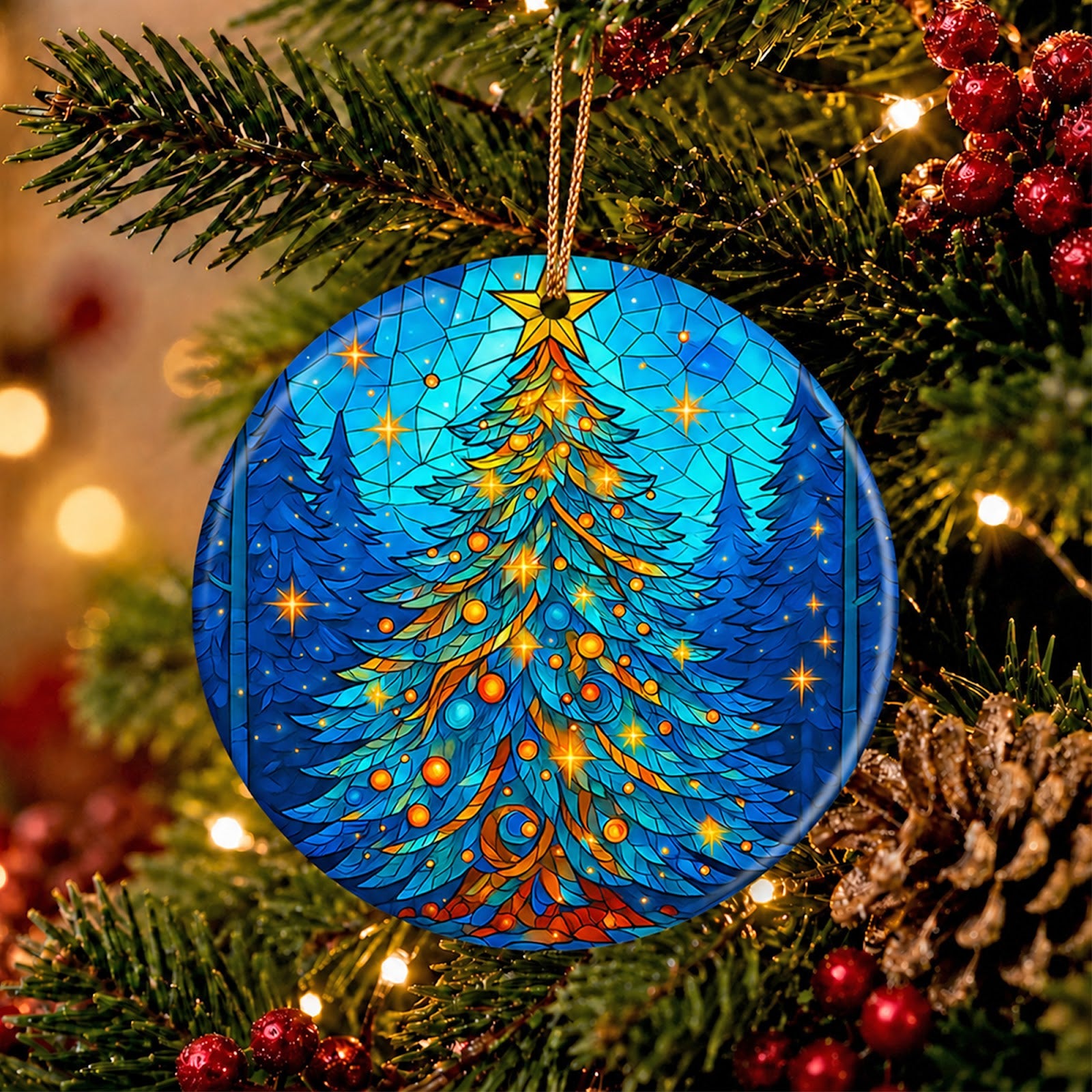 Christmas Tree Christmas Ornament, Stained Glass Glowing Star Gift, Ceramic Tree Decoration