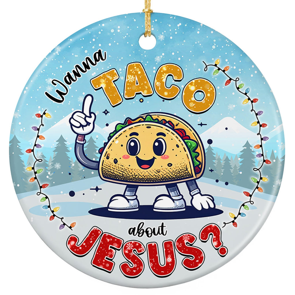 Smiling Cartoon Taco With Stick Arms and Sneakers on a Snowy Lit Scene. Ceramic Keepsake for Faith Humor.