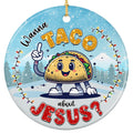 Smiling Cartoon Taco With Stick Arms and Sneakers on a Snowy Lit Scene. Ceramic Keepsake for Faith Humor.