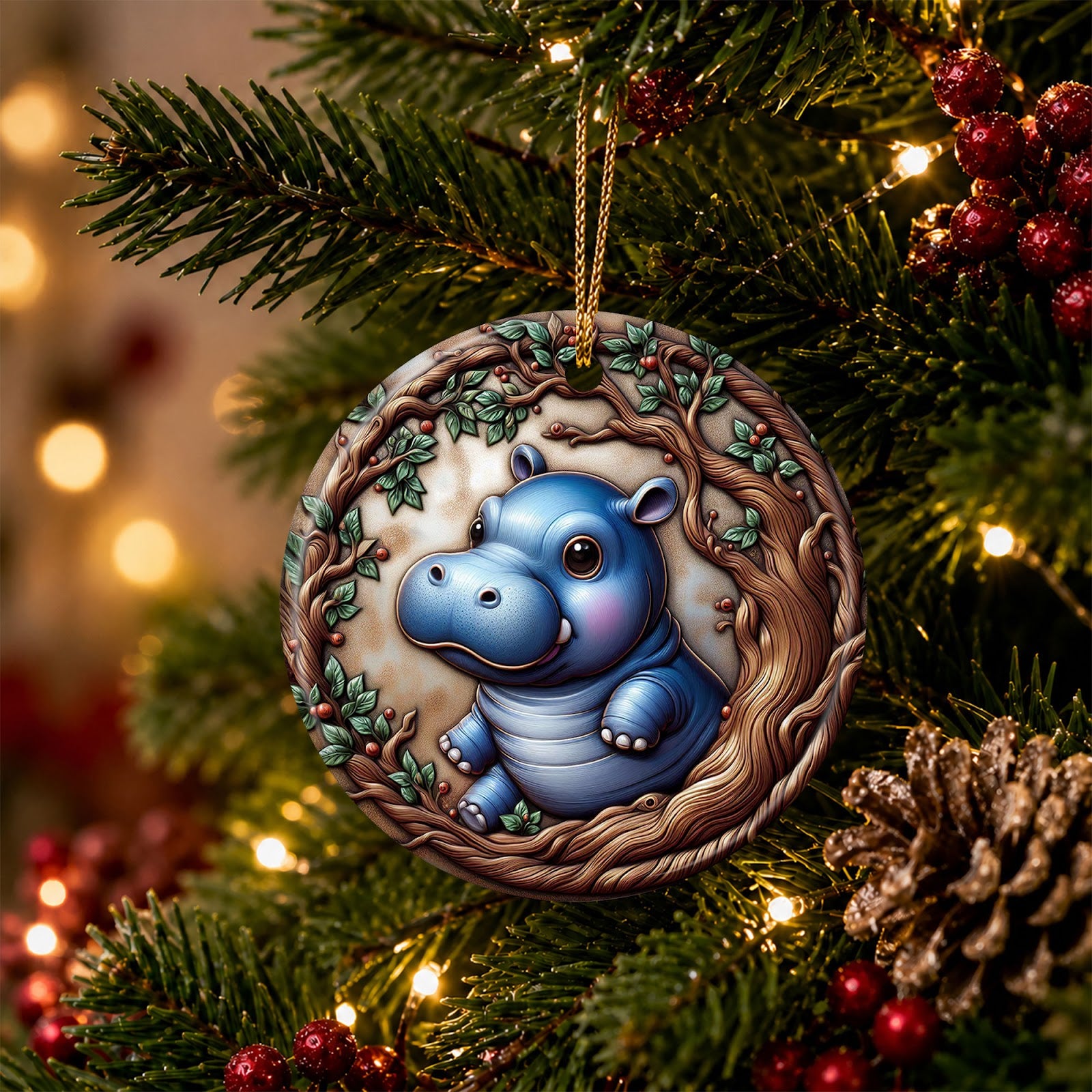 Hippo Christmas Ornament, Carved Baby Hippo Branch Gift, Ceramic Hanging Tree Decoration