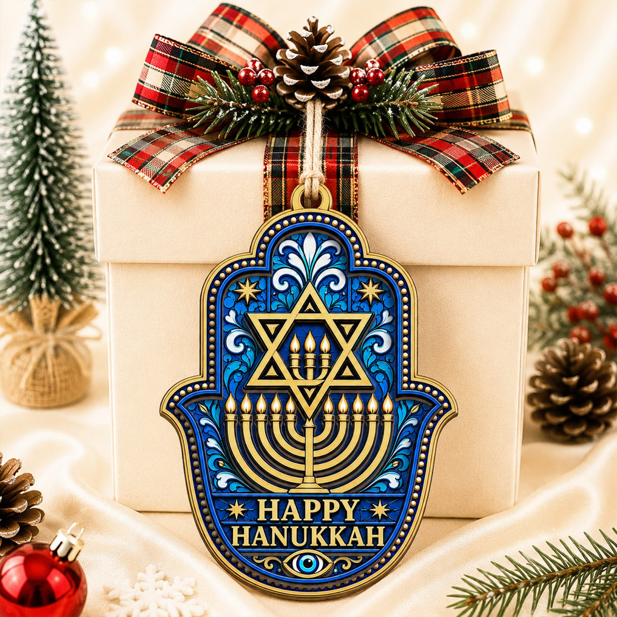 Happy Hanukkah Jewish Menorah Christmas Ornament, Menorah Festival Keepsake, Wood Ornament