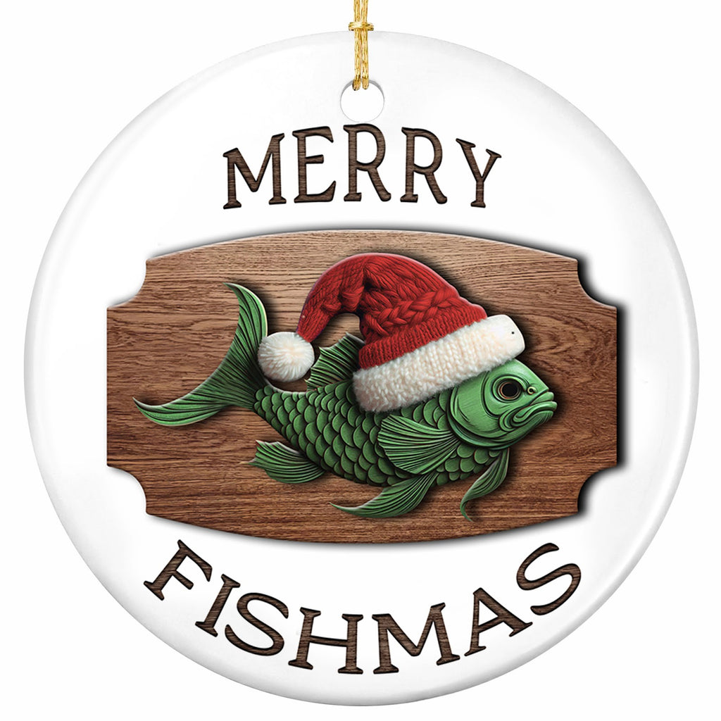 A Green Fish in a Cable-Knit Santa Hat Carved in Relief on a Wooden Plaque. Ceramic Keepsake for Anglers.