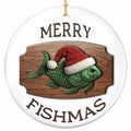 A Green Fish in a Cable-Knit Santa Hat Carved in Relief on a Wooden Plaque. Ceramic Keepsake for Anglers.