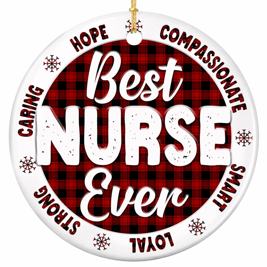 Best Nurse Ever in Red Buffalo Check With Six Virtue Words Around the Rim. Ceramic Keepsake for Nurses.