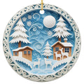 Paper Cut Winter Scene of Two Lit Log Cabins, White Deer and a Full Moon. Ceramic Layered Keepsake.