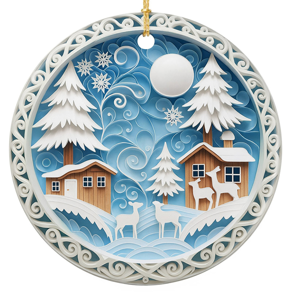 Paper Cut Winter Scene of Two Lit Log Cabins, White Deer and a Full Moon. Ceramic Layered Keepsake.