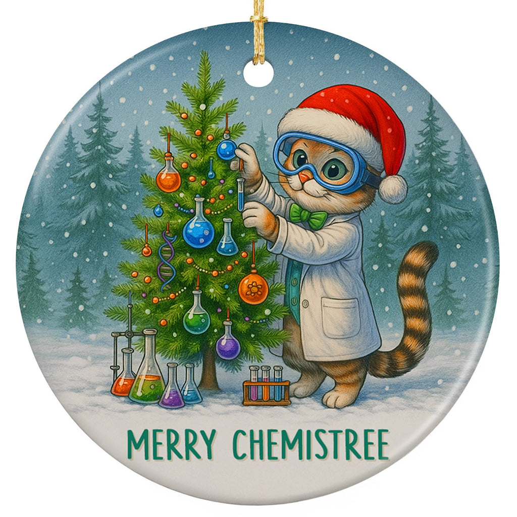Lab-Coat Cat Trimming a Tree of Flasks and DNA Garland. Ceramic Keepsake for Chemistry and Science Teachers.