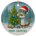 Lab-Coat Cat Trimming a Tree of Flasks and DNA Garland. Ceramic Keepsake for Chemistry and Science Teachers.