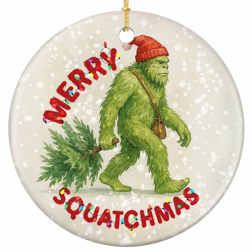 Shaggy Sasquatch in a Santa Hat Hauling Home a Pine Tree. Funny Ceramic Keepsake for Hikers and Campers.