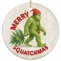 Shaggy Sasquatch in a Santa Hat Hauling Home a Pine Tree. Funny Ceramic Keepsake for Hikers and Campers.