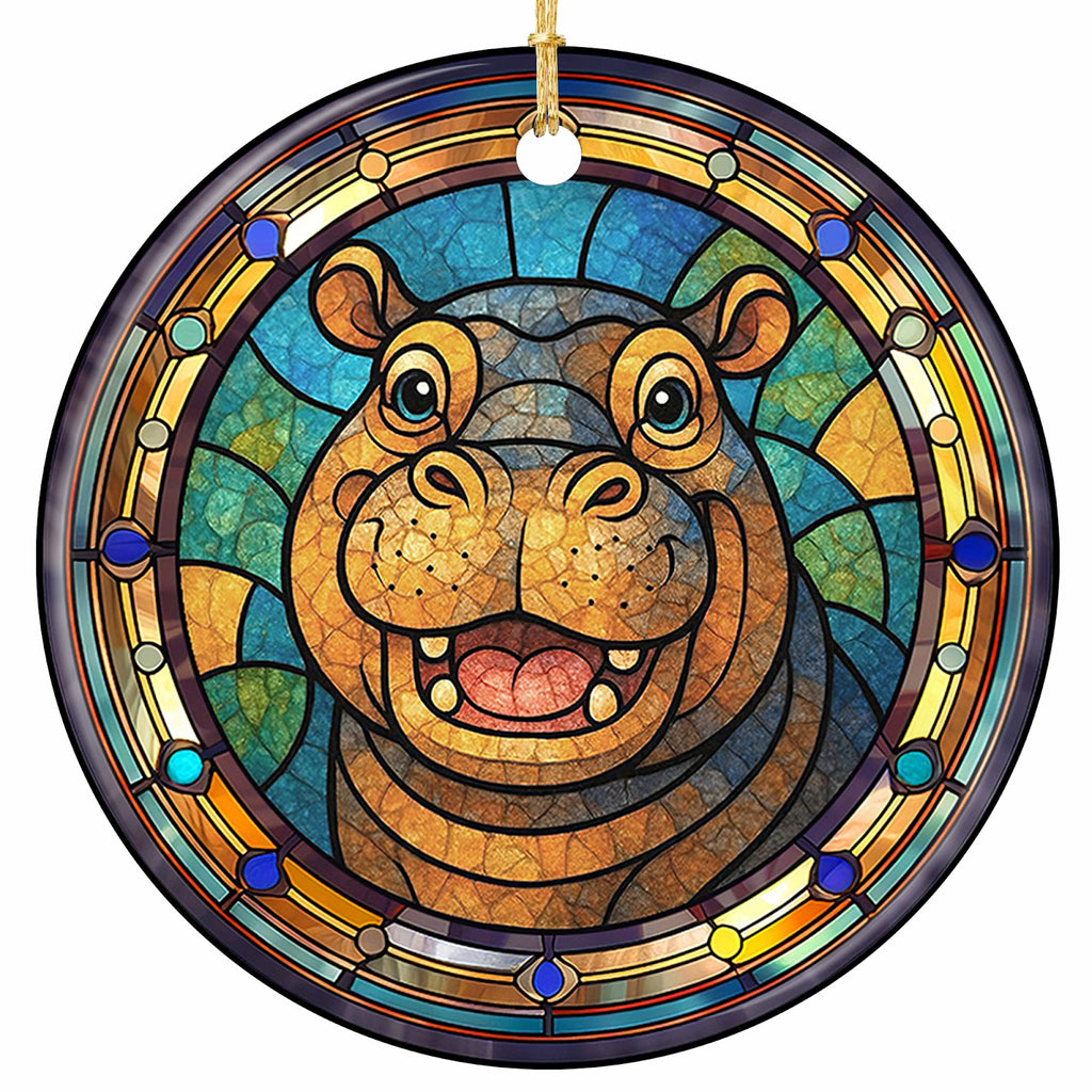Smiling Mosaic Hippo on a Radiant Glass Sunburst With a Jeweled Border. Ceramic Keepsake for Animal Lovers.