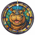 Smiling Mosaic Hippo on a Radiant Glass Sunburst With a Jeweled Border. Ceramic Keepsake for Animal Lovers.