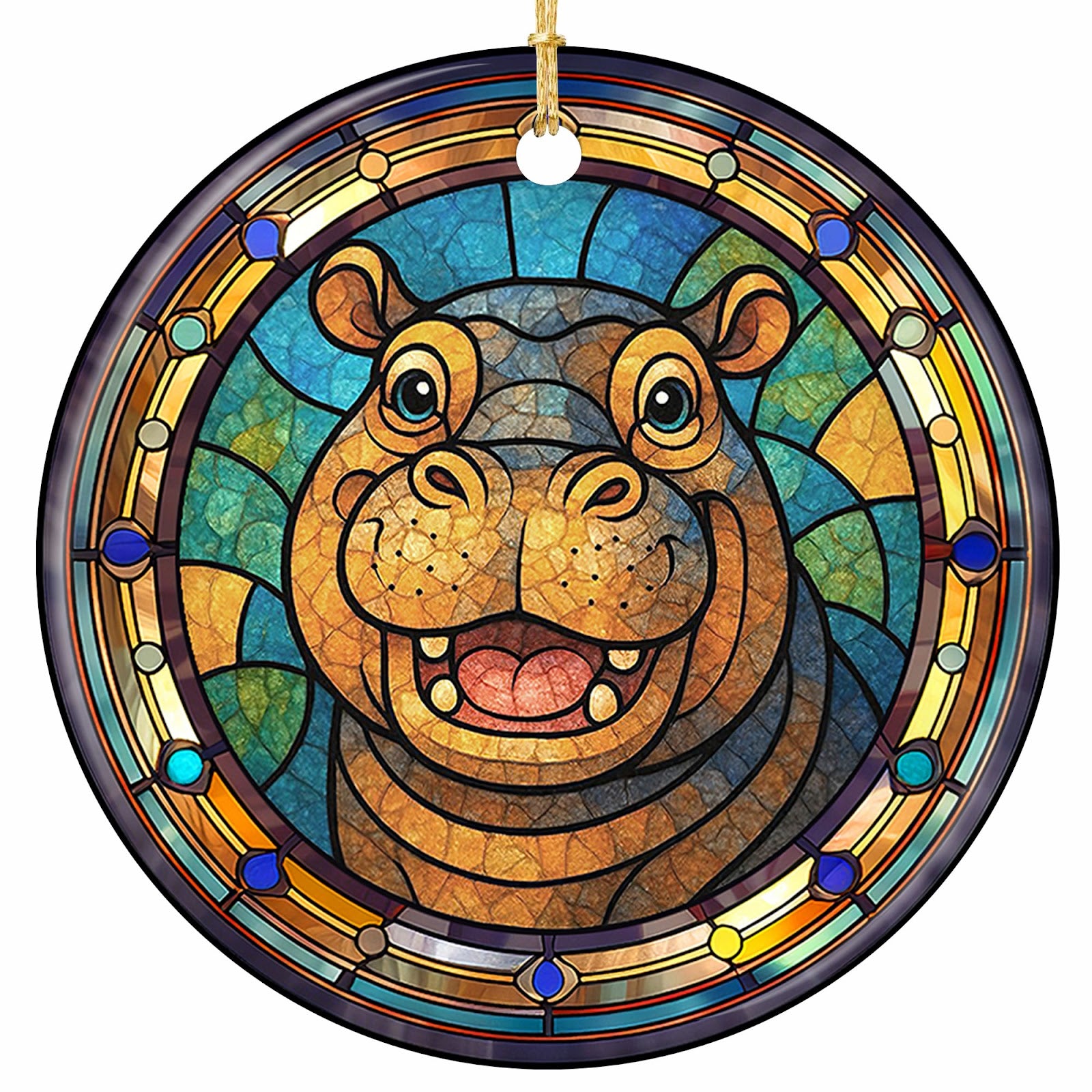Smiling Mosaic Hippo on a Radiant Glass Sunburst With a Jeweled Border. Ceramic Keepsake for Animal Lovers.