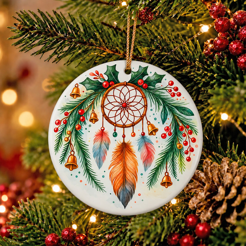 Dreamcatcher Christmas Ornament, Boho Feather Rustic Gift, Ceramic Hanging Tree Decoration